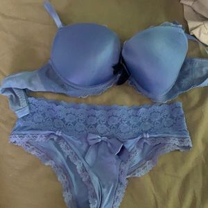 A blue, silky bra and matching underwear.